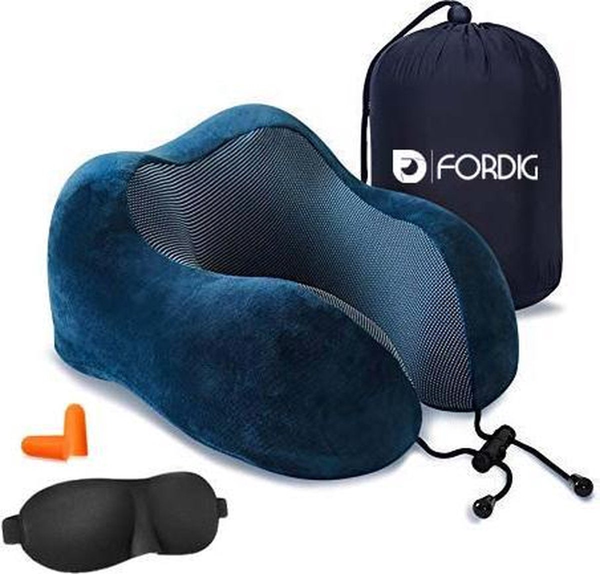 ForDig Traagschuim Nekkussen Inclusief Slaapmasker & Oordopjes– Memory Foam Reiskussen – Travel Pillow – Vliegtuig Kussen – Neksteun Reiskussentje - Blauw