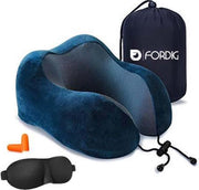 ForDig Traagschuim Nekkussen Inclusief Slaapmasker & Oordopjes– Memory Foam Reiskussen – Travel Pillow – Vliegtuig Kussen – Neksteun Reiskussentje - Blauw