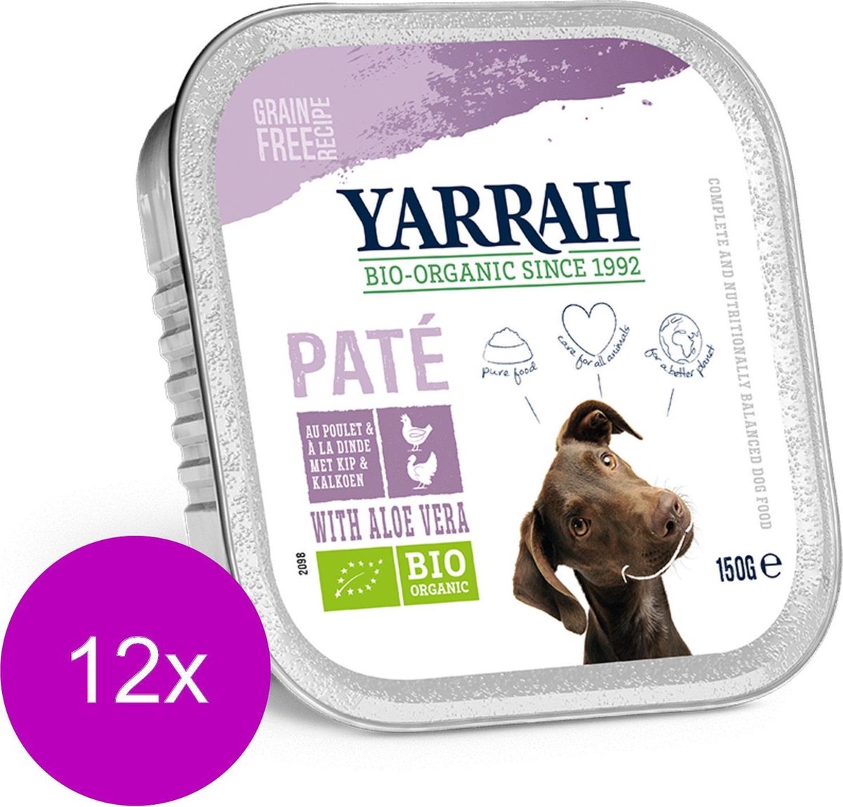 Yarrah Bio Alu Pate Graanvrij - Kip & Kalkoen - Hondenvoer - 12 x 150 g