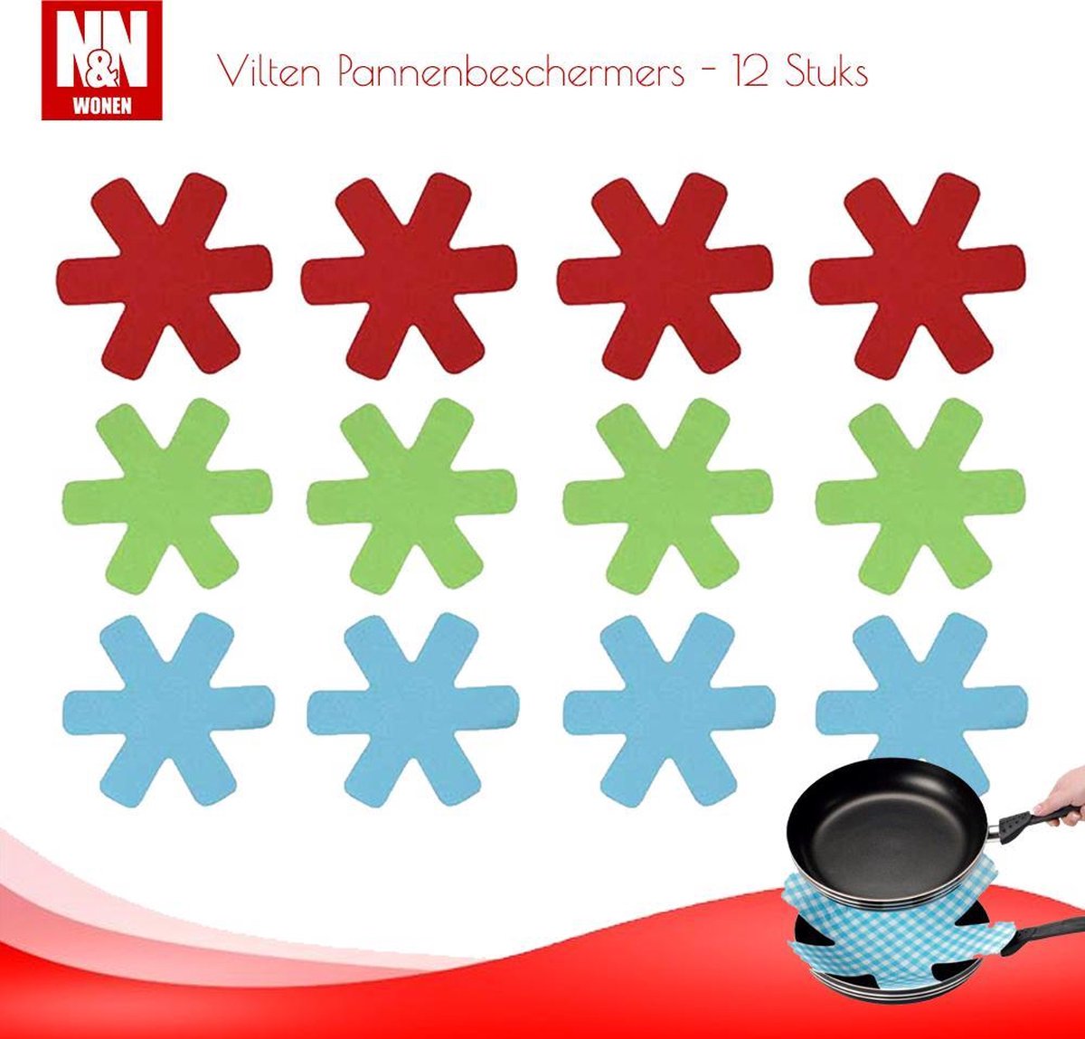 N&N Wonen Vilten Anti Kras Pannenbeschermers 3 kleuren - 12 Stuks