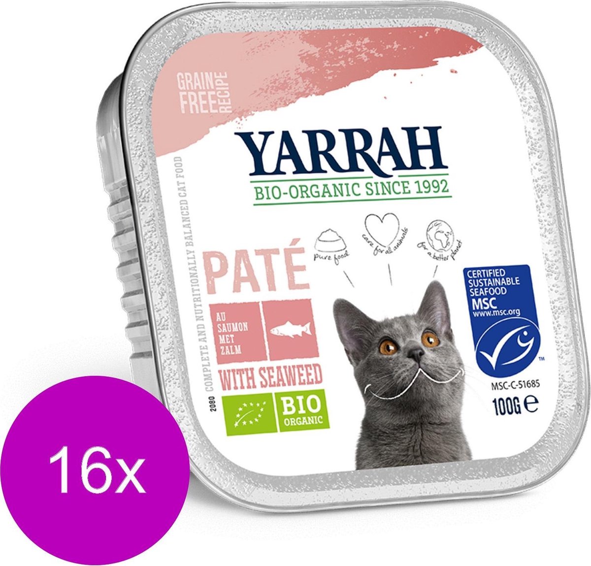 Yarrah Bio Kat Alu Pate - Zalm - Kattenvoer - 16 x 100 g