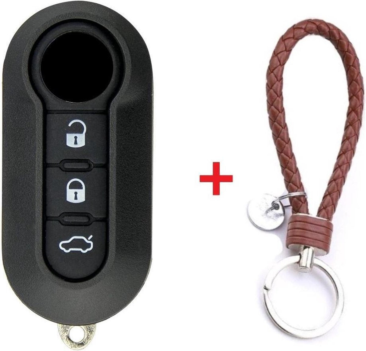 Autosleutel 3 knoppen klapsleutel SIP22CRS8 geschikt voor Fiat sleutel / 500 / Punto / Ducato / Panda / Lancia Ypsilon / Peugeot Boxer / Citroen Jumper / Iveco Daily / Fiat sleutel + gevlochten bruin PU-lederen sleutelhanger.