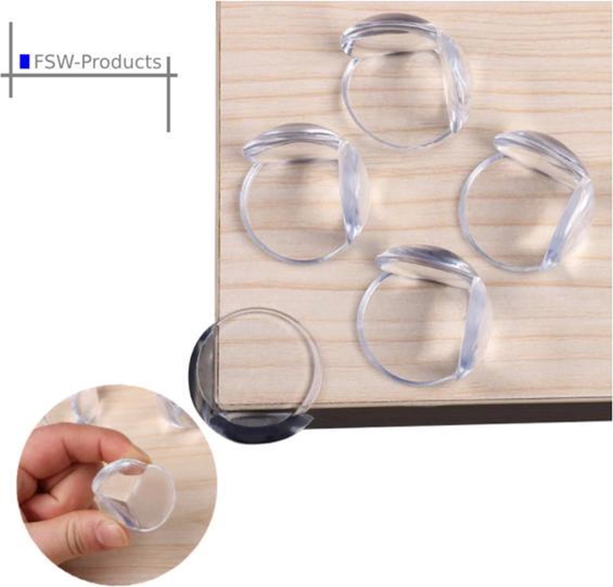 FSW-Products - 4 Stuks - Siliconen Tafel Hoekbeschermers Set - Tafelhoek Beschermers - Beschermhoeken - Veiligheid Baby Peuter en Kind - Zelfklevende tafelhoek beschermers - Transparant - Met bevestiging materiaal - Zelfklevende buffers