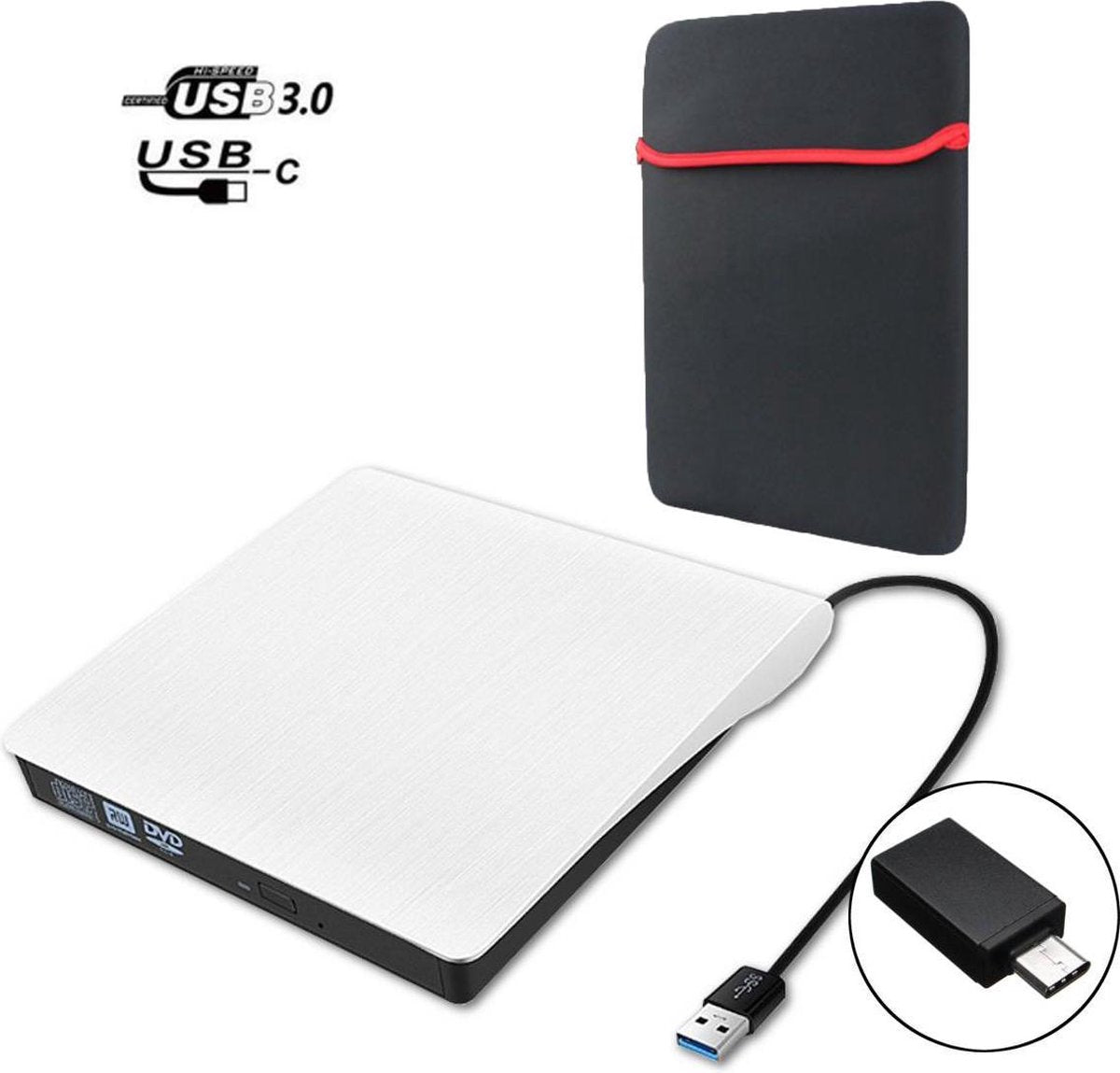 Externe DVD / CD Speler en Brander voor Laptop Wit - Externe DVD Brander - Windows & Mac - USB 3.0 / C + Beschermhoes