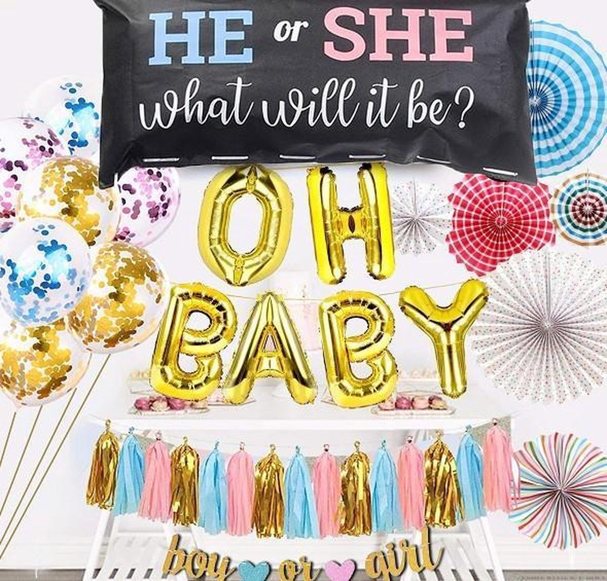 Gender reveal Versierings pakket Boy or girl 17-Delig | Gender Reveal/babyshower | Jongen/Meisje | Papieren Decoratie/versiering | Baby |