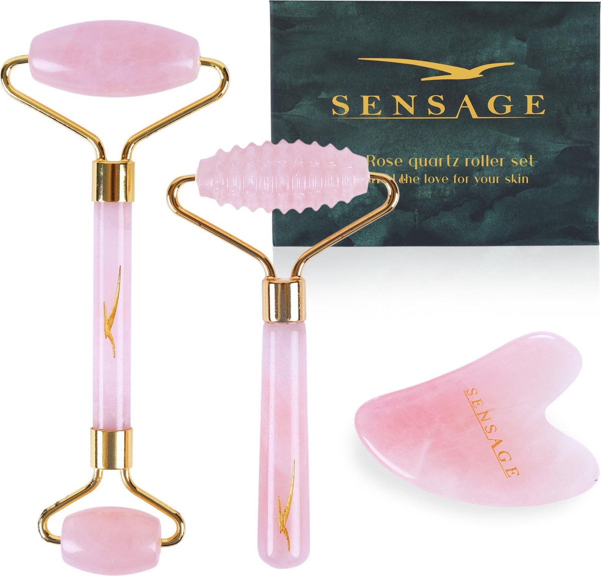Sensage rozenkwarts roller met Gua Sha steen | Massage | 100% natuurlijk rose quartz | Gezichtsroller | Face roller | Roller | Gezichtsmassage | 4-delige Beauty set