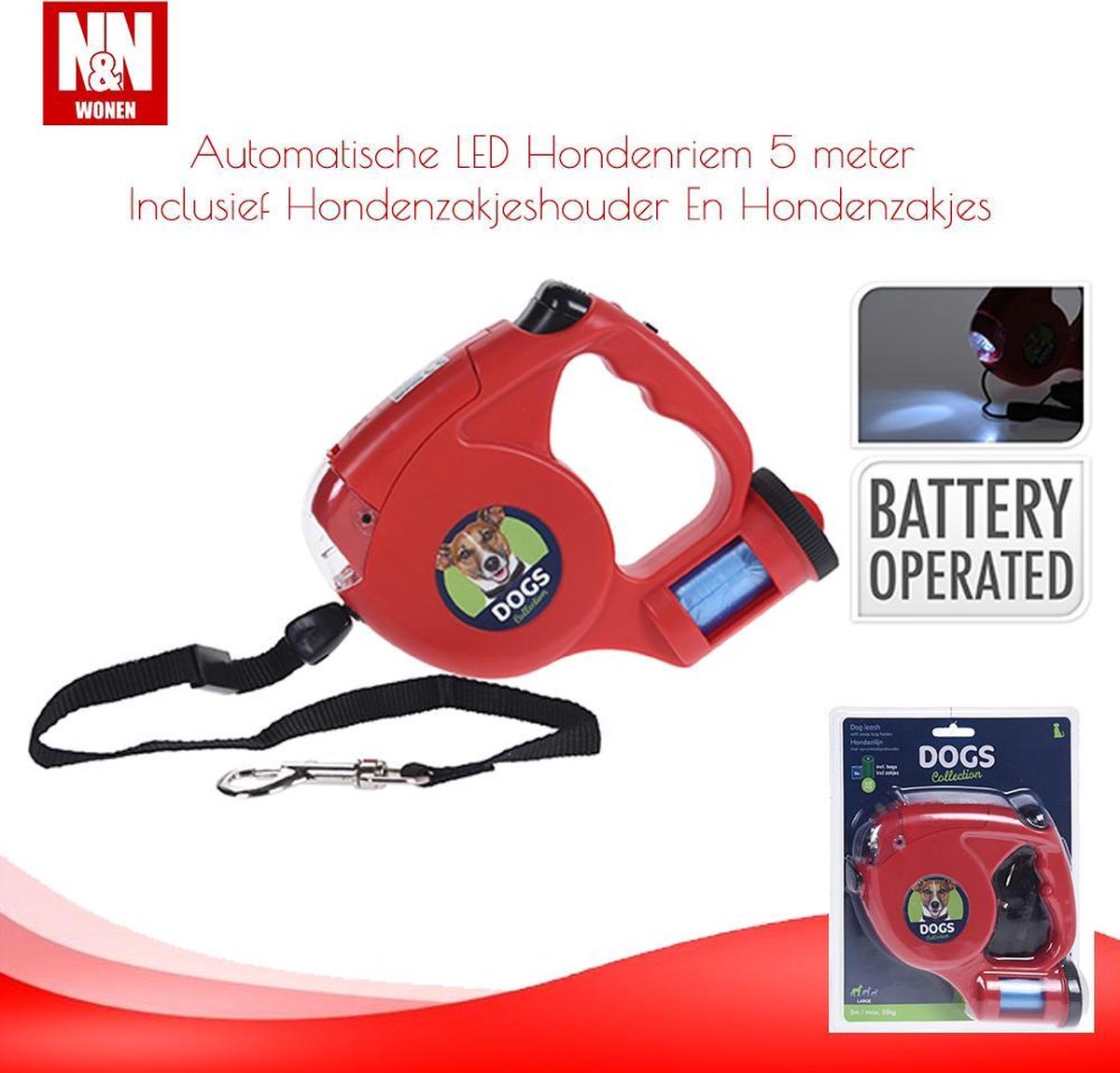 N&N Wonen Automatische LED Hondenriem 5 Meter Inclusief Hondenzakjeshouder En Hondenzakjes - Rood