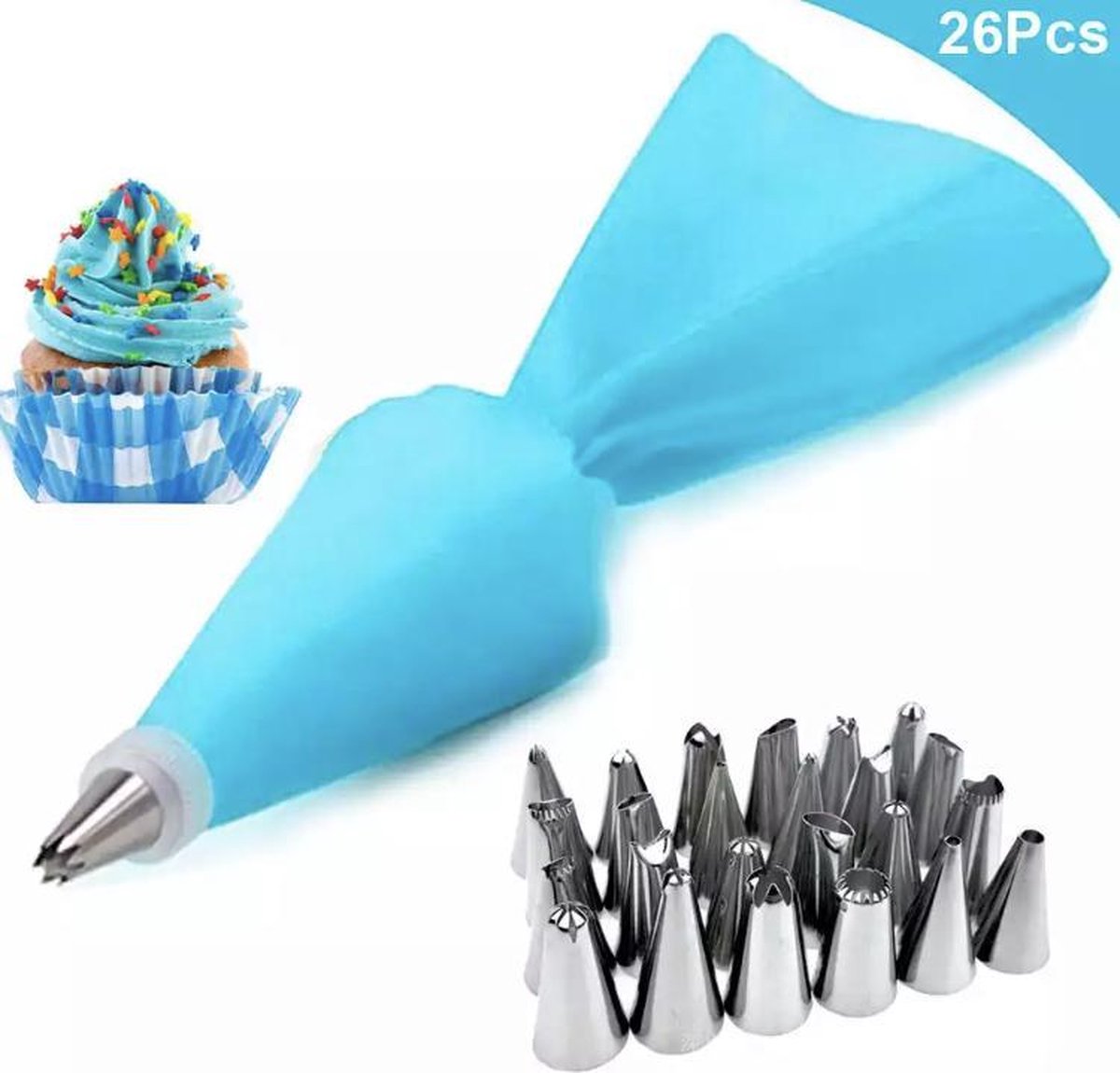 Slagroomspuit met 26 Spuitmondjes - Herbruikbaar - Garneerspuit - Decoratie - Taart - Gebak - Cupcake - Cake - RVS - Slagroom Spuitzak - Blauw