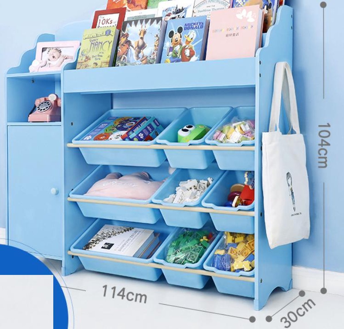 Onshine 3-laags Kast met 9 Opslagbakken & Boekenplank & extra Boekenkast - Klassieke Blauw - Opbergkast - Speelgoedrek - Opbergrek kinderen - Speelgoedboxen - Opbergmeubel - Kast kinderkamer - Kinderkast - Organizer - Speelgoedkast