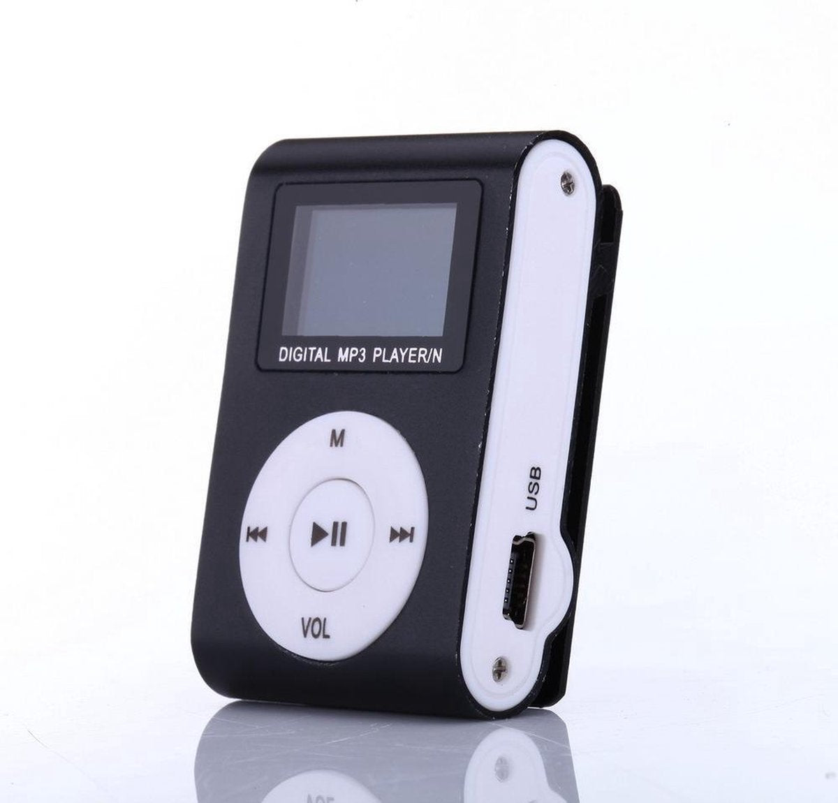Mini clip MP3 speler FM radio met display Zwart en in-ear koptelefoon