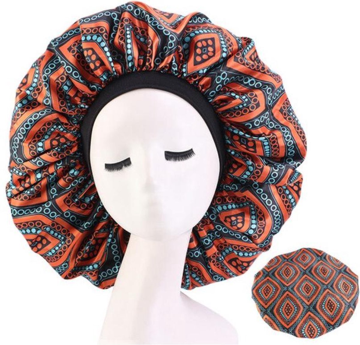 Cabantis Bonnet Satijn - Polyester XXL|Slaapmuts Satijn|Hoofddeksel|Unisex|Zwart-Oranje-Blauw