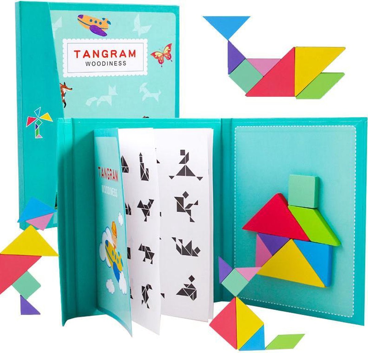 Fesio Tangram Puzzelboek Magnetisch - 96 Puzzels - Magneetboek/Houten Vormenpuzzel - Lichtblauw