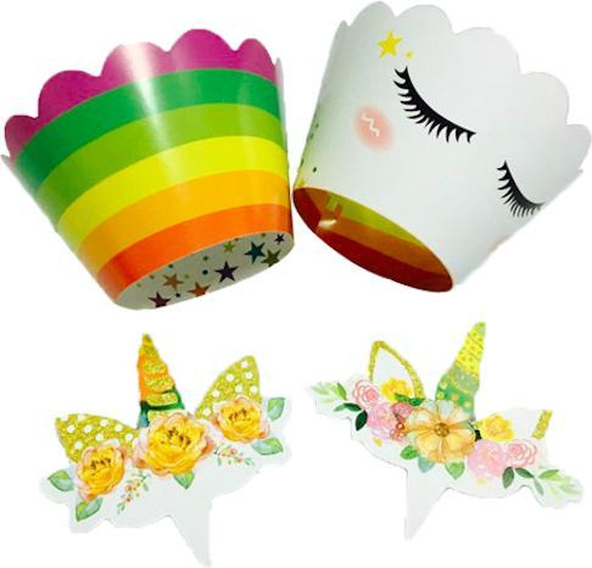 ProductGoods - 12 Stuks Eenhoorn Mini Cupcake Bakjes + 12 Cupcake Eenhoorn Versiering  - Kinderen - Kinderfeestje - Party - Taart Decoraties - Verjaardag Decoratie - Happy Birthday  - Unicorns - Eenhoorns - Omslagen - Omslag - mini cupcake vormpjes