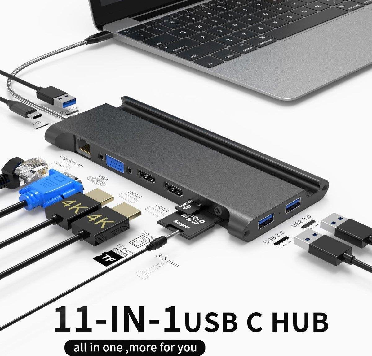 11 in 1- USB-C Hub Adapter - 4K UHD HDMI - USB 3.0-Docking Station-Telefoon houder