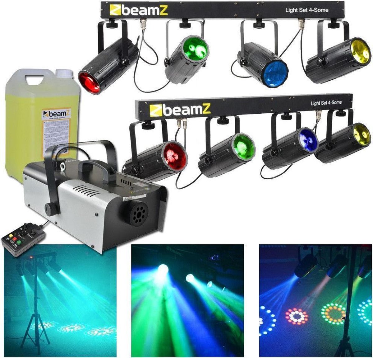 Complete lichtset - BeamZ lichtset met 2x BeamZ 4-some lichteffect en S1200 MKII 1200W rookmachine met rookvloeistof (5 liter)