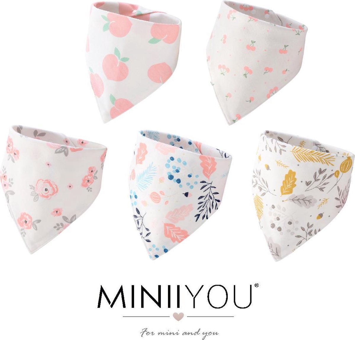 5- pack - Bandana slabbetjes - fruit bloemenprint - 2-laags Katoen - Puntslabbetjes - kwijlslabbetjes