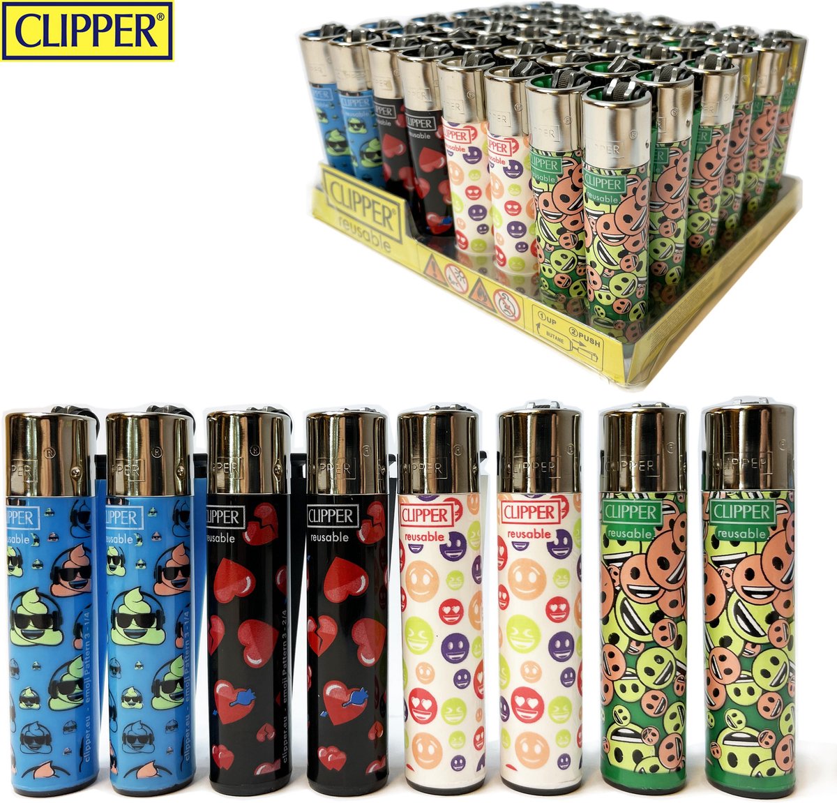 Clipper Aanstekers- 48 stuks- Emoji Vuursteen aansteker - na vulbaar