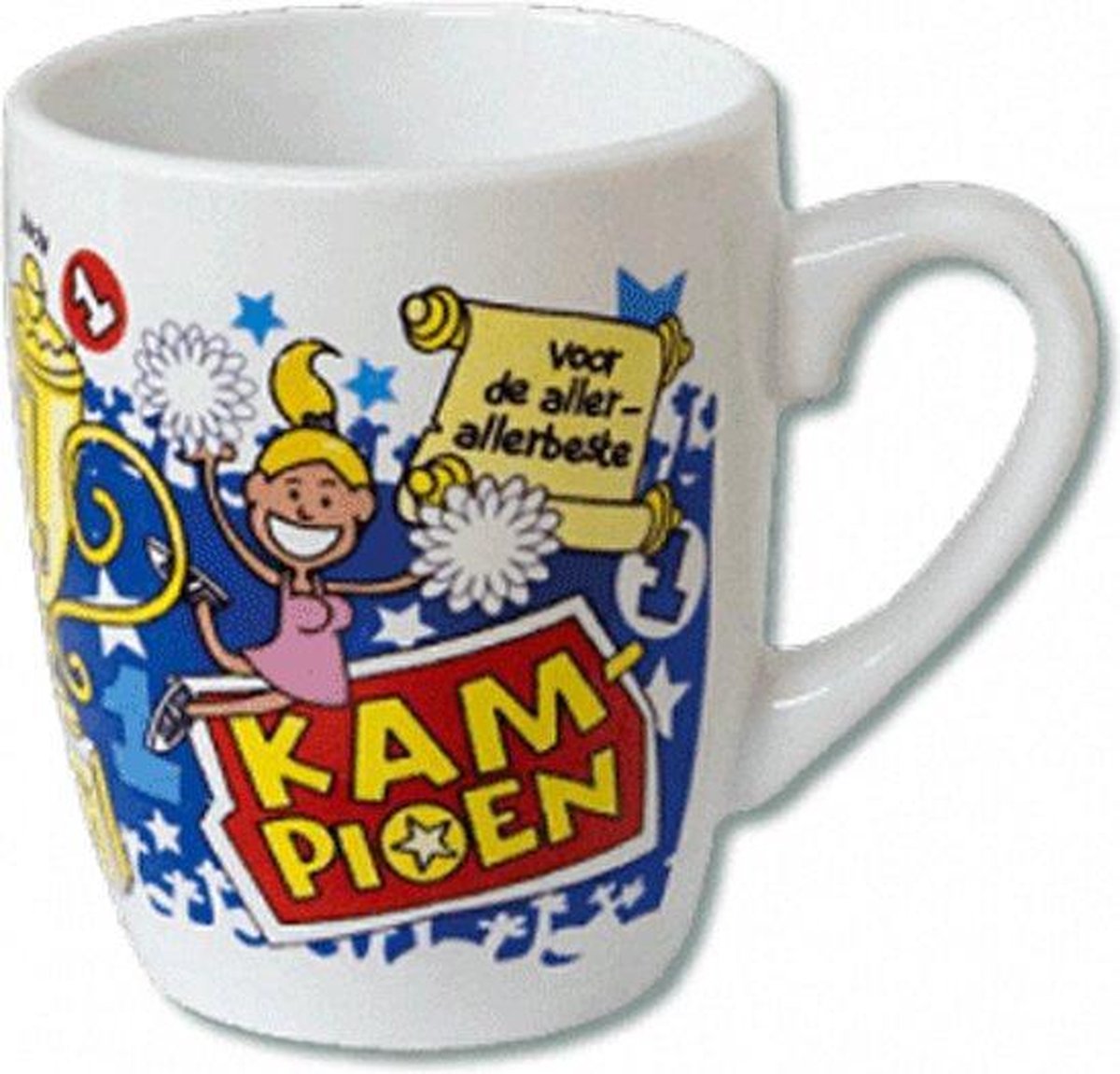 Mok - Cartoon Mok - Voor de allerbeste kampioen - Gevuld met een verpakte toffeemix - In cadeauverpakking met gekleurd krullint