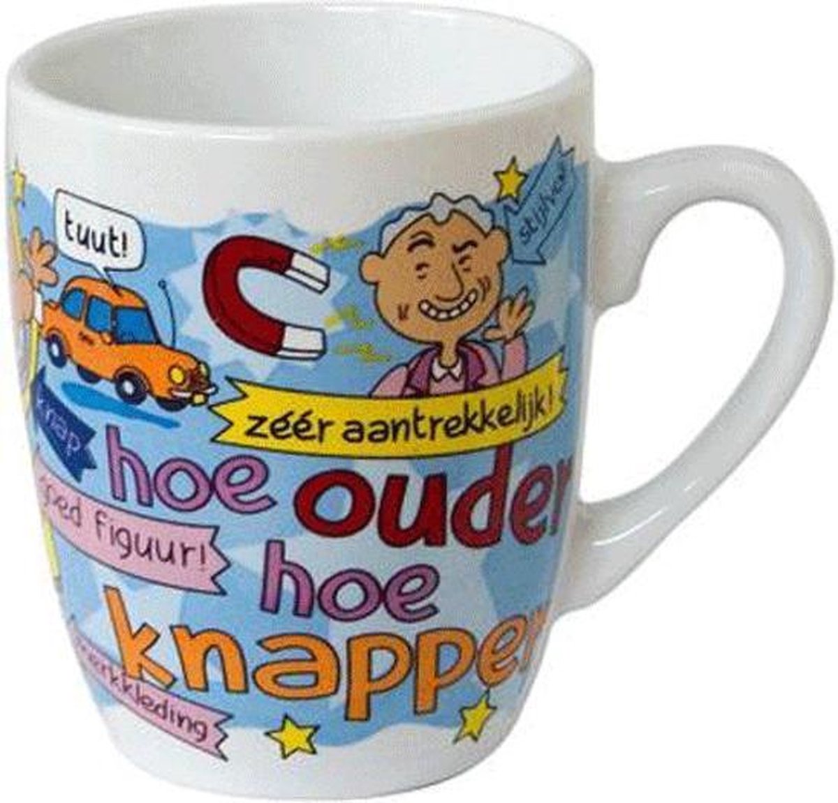 Mok - Cartoon Mok - Hoe ouder hoe knapper - Gevuld met verpakte Italiaanse bonbons - In cadeauverpakking met gekleurd krullint