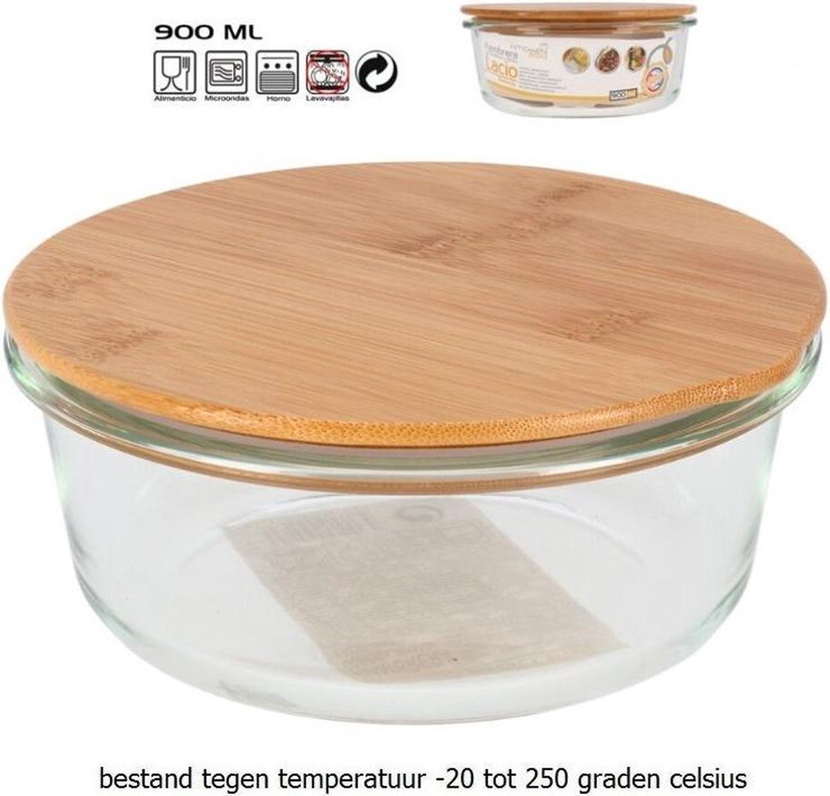 1x Glazen voorraad/vershoud bakje bamboe deksel rond 17 cm -  900 ml - Bewaarbakjes ovenbestendig glas