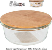 1x Glazen voorraad/vershoud bakje bamboe deksel rond 17 cm -  900 ml - Bewaarbakjes ovenbestendig glas
