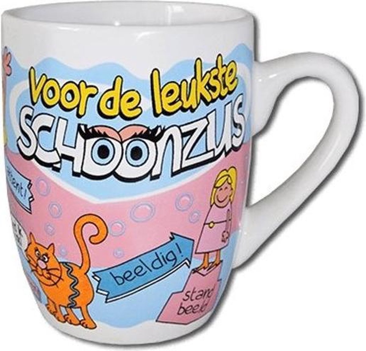 Verjaardag - Cartoon Mok - Voor de leukste Schoonzus - Gevuld met een dropmix - In cadeauverpakking met gekleurd krullint