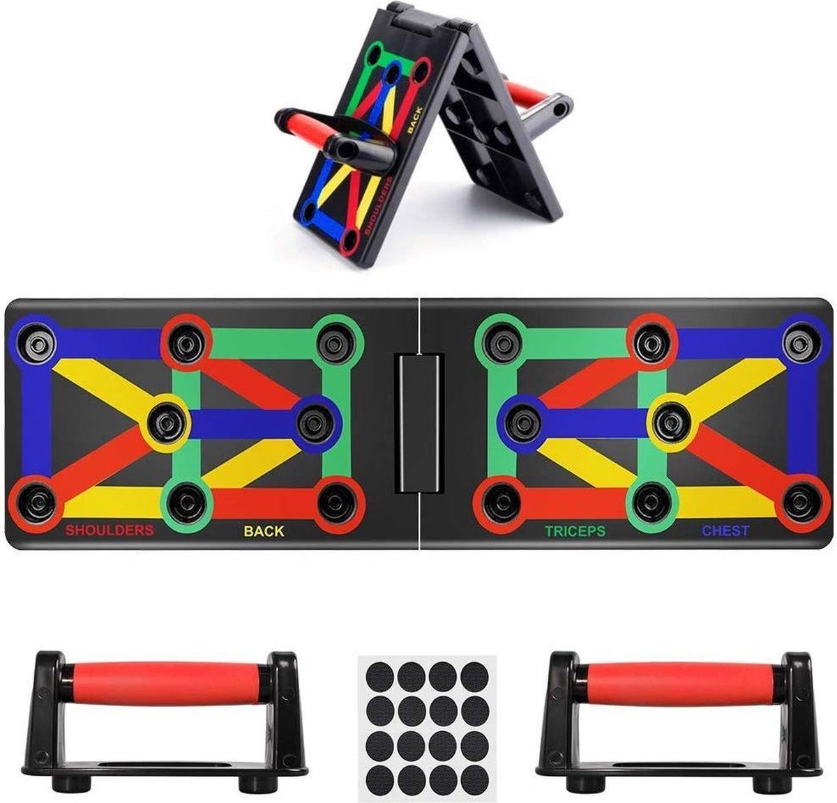 Push up bord 12 in 1 - Krachttraining - Opdruksteun - Inklapbaar - Opdrukbord - Push up bars - Push up grips - Push up plank - Workout - Opdrukken - Fitness - Rugspieren - Schouders - Triceps - Borst - Inclusief Trainingsschema & Anti-slip viltjes