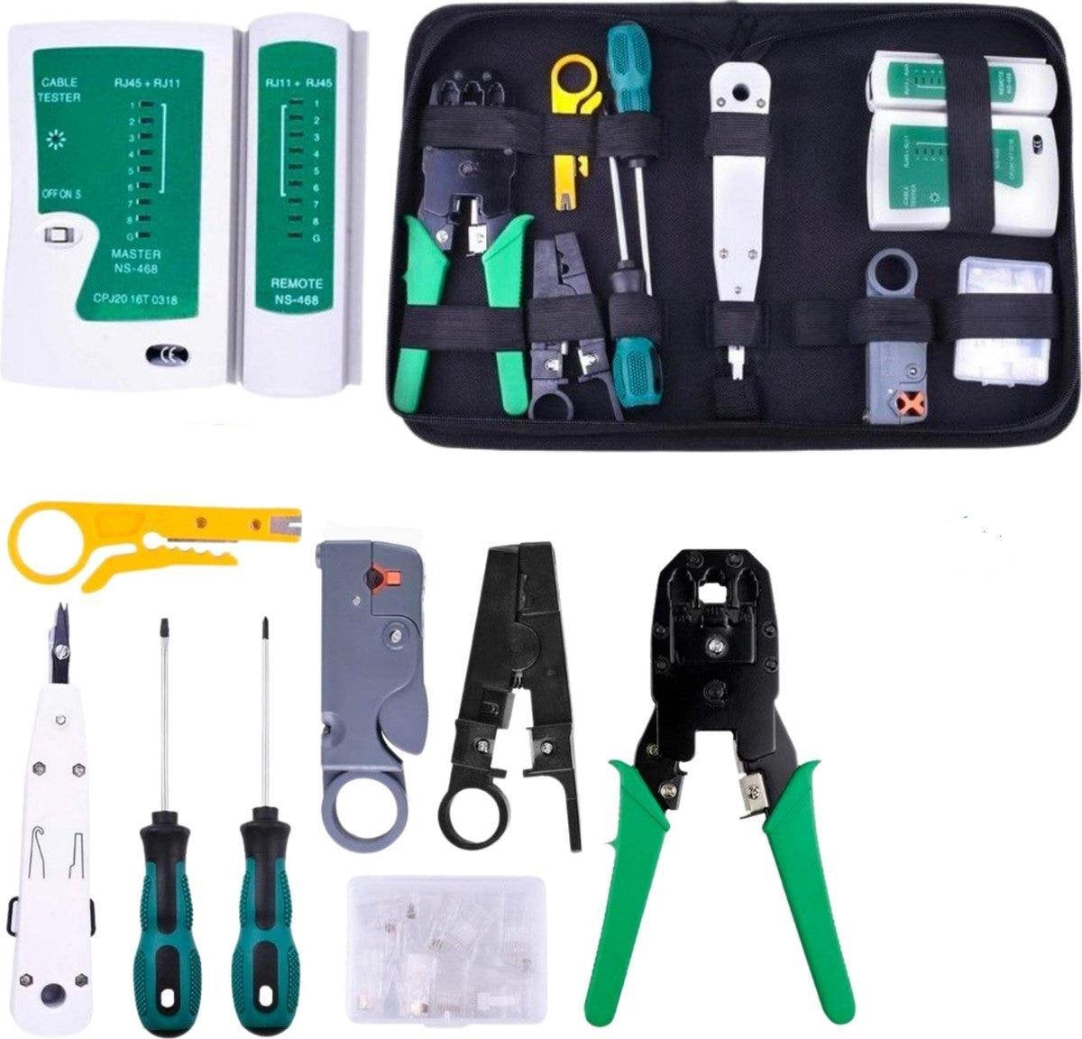 Netwerk Tester - Compleet - Set in etui- RJ45/RJ12/RJ11/Cat5/Cat5e/Cat6/UTP/LAN - Kabeltester Met Krimptang & LSA tang