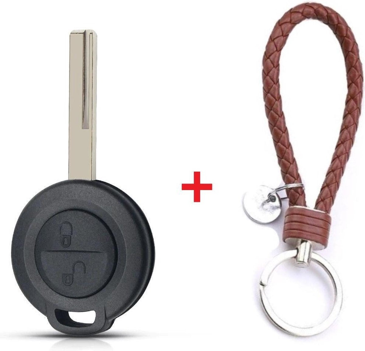 Autosleutel 2 knoppen HU56R geschikt voor Mitsubishi sleutel / Mitsubishi Colt / Warior / Carisma / Spacestar / Mercedes Smart Forfour / Sleutel 2 knoppen + gevlochten bruin PU-lederen sleutelhanger.