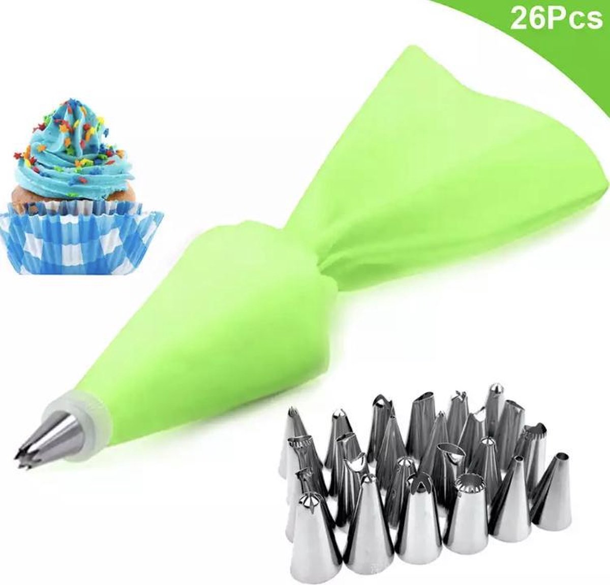 Slagroomspuit met 26 Spuitmondjes - Herbruikbaar - Garneerspuit - Decoratie - Taart - Gebak - Cupcake - Cake - RVS - Slagroom Spuitzak - Groen