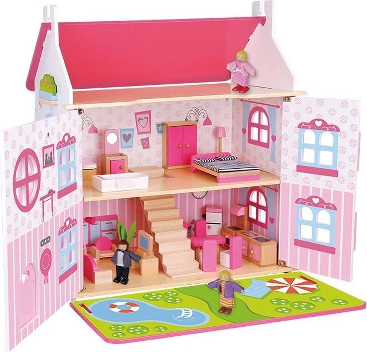 Tooky Toy Poppenhuis meisjes 60 x 55 x 30 cm hout roze 32-delig