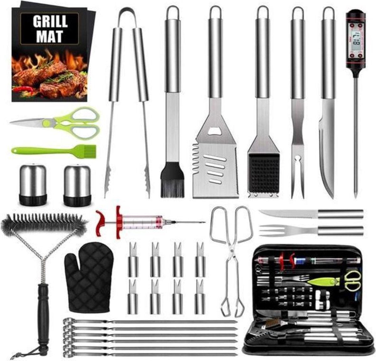 Luxergoods 34-Delige Luxe BBQ Gereedschap Accesoires Set - Barbecue Gereedschapset - Tangenset - Roestvrij Staal - BBQ Accesoires