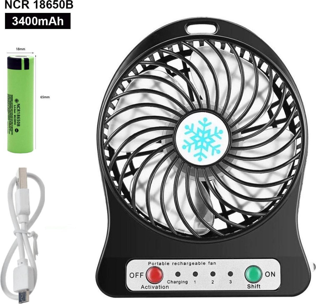 DrPhone AERO1 - Krachtige Mini tafelventilator + 1x NRC 18650 Lithium Batterij - Oplaadbaar– 3 standen – Led verlichting – Portable - Reis ventilator – Zwart