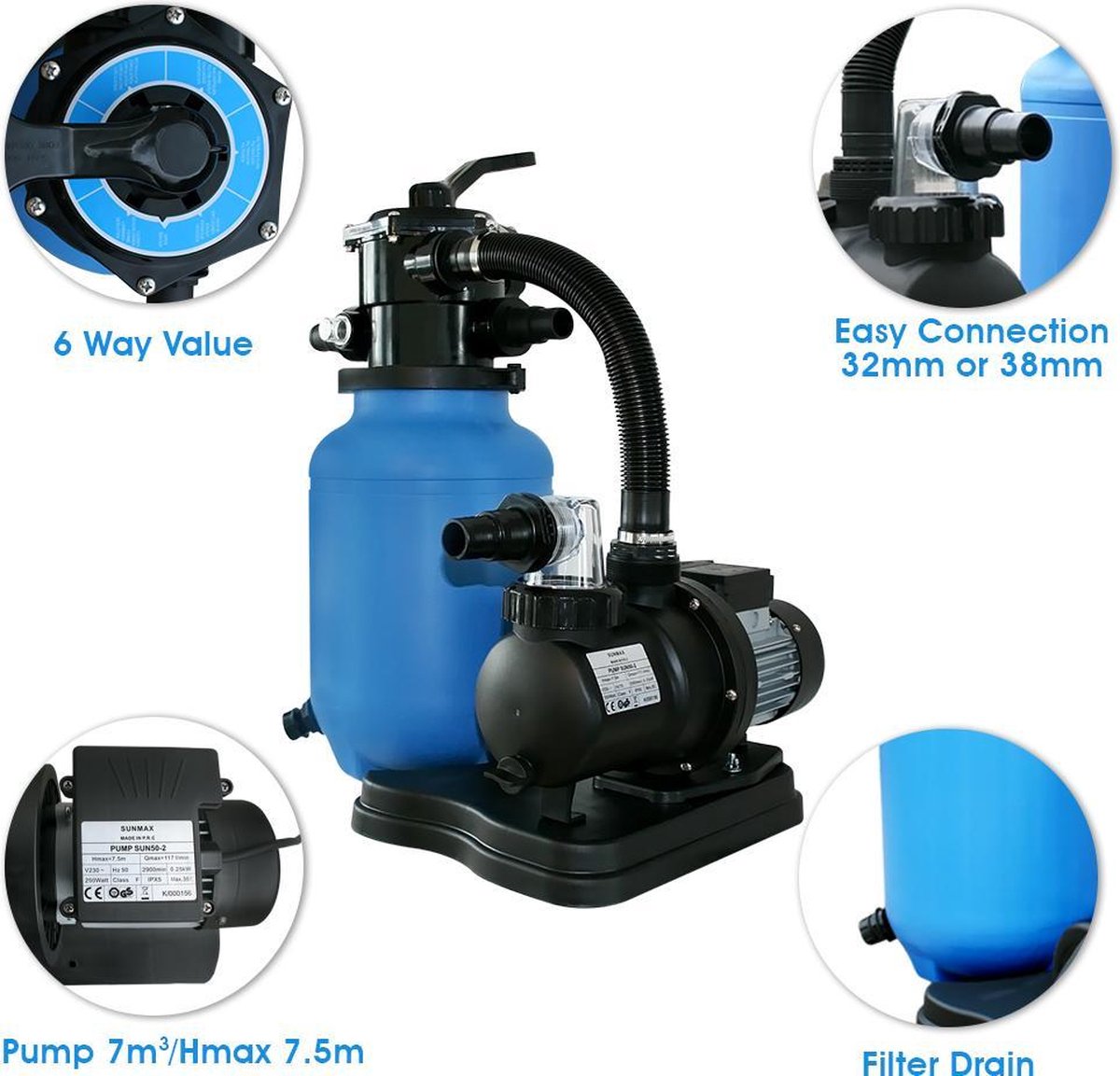 Zwembadpomp met zandfilter set 7m3 zwembad pomp met voorfilter. hmax 7.5 meter Merk: SUNMAX. Ook voor intex / bestway zwembaden