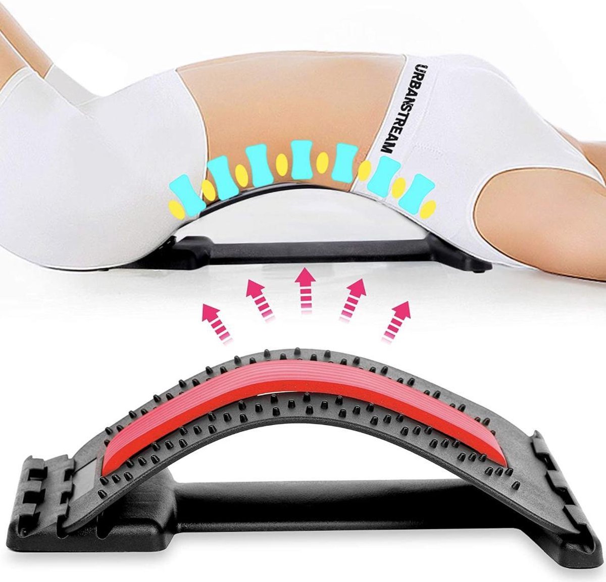 Backstretcher voor rugklachten – Rugstretcher – Zwart met rood - Comfortabele back stretcher met Zachte Massage Pads – Rugstrekker – Verstelbare backstretcher – Back straightener – Rug corrector – Rugmassage