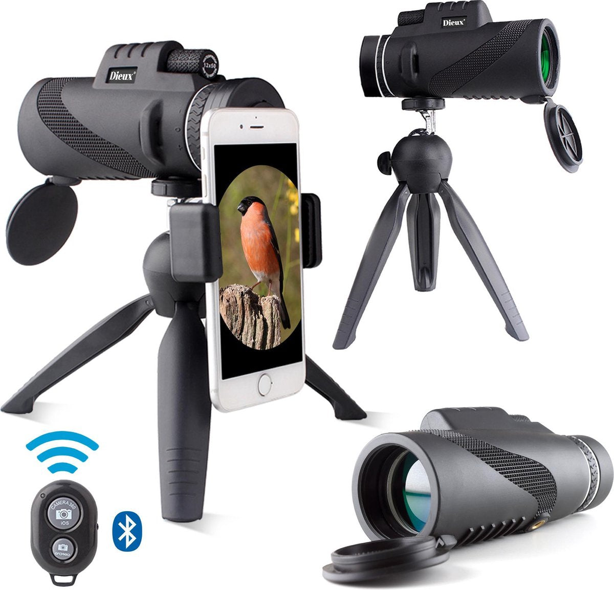 Dieux® - Monokijker - Monoculair Verrekijker - 10x42 - Spotting Scope - Vogelkijker - Compact – Draagbaar - Smartphone adapter – Waterdicht – Afstandsbediening - Bluetooth - Statief - Fotografie – Filmen