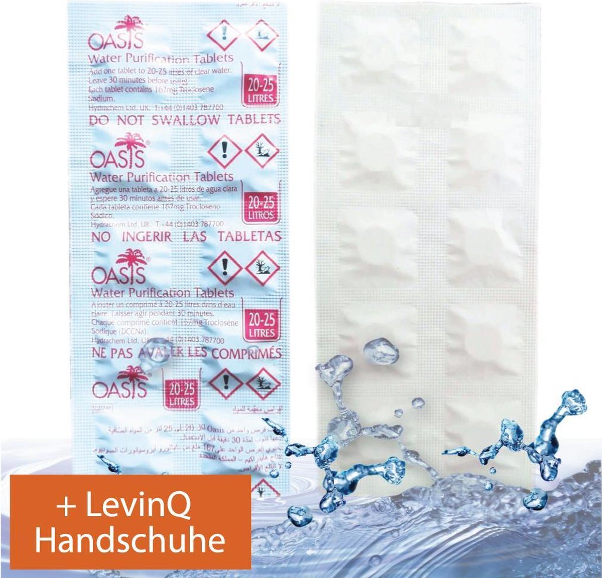 Oasis waterzuiverings tabletten - 20-25 liter drinkwater per tablet +  LevinQ Handschoenen