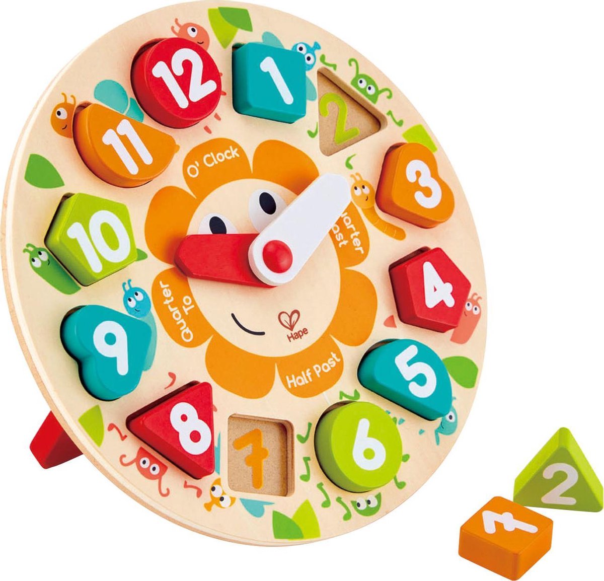 HAPE 2-in-1 Houten Klokpuzzel 13-delig & Steekpuzzel Klok & Vormenspel & Vormenstoof - Leerklok met sorteerfunctie