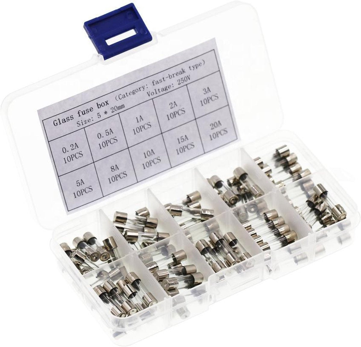 Glaszekering Autozekering Set - Zekering Assortiment 100 Stuks - Met Handige Opbergdoos - 0.2A - 20A 250V - Auto Boot Tractor