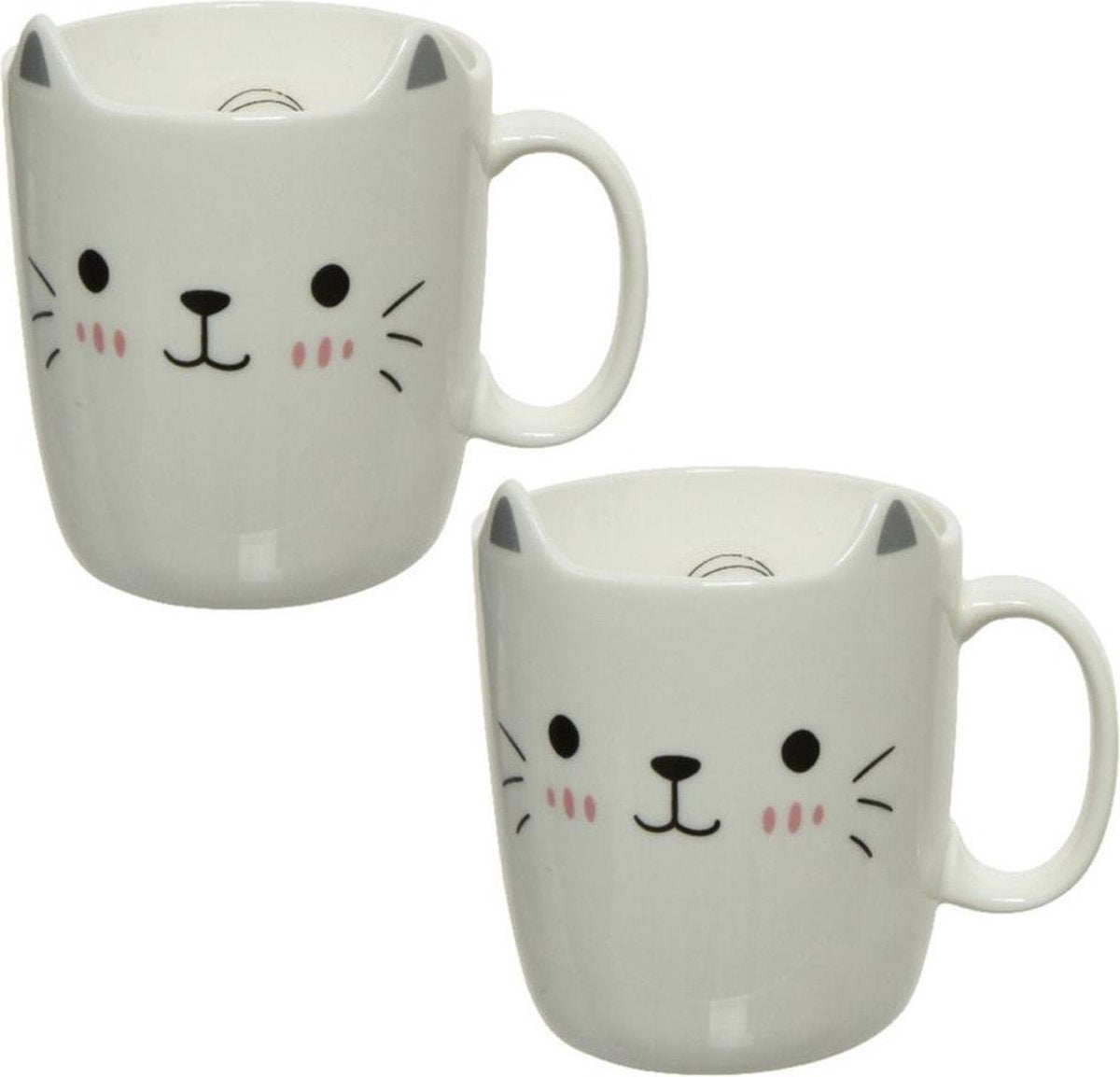 2x stuks Katten/poezen mokken wit/zilver 11 cm - Koffiemokken/theemokken/kindermokken/kinderbekers