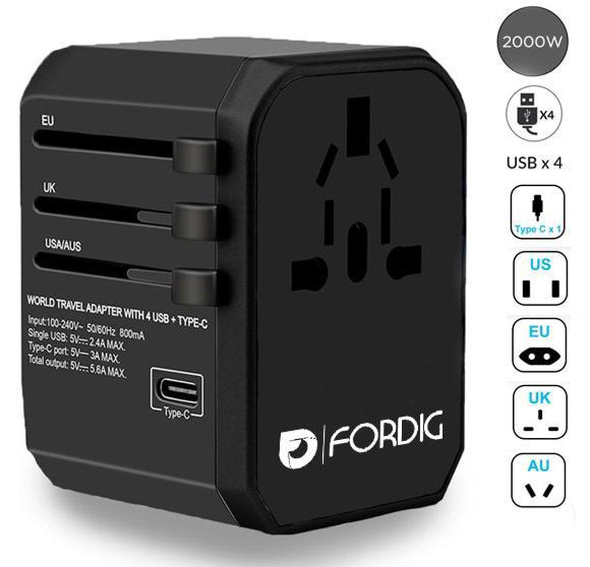 Universele Wereldstekker met 4 USB poorten en 1 USB-C poort – 2000 Watt met omvormer -  Reis stekker - Reis adapter - Wereldadapter - Reis verloopstekker - +150 landen – Afrika – Azië – Amerika (VS) – Zuid Amerika – Australië – Engeland