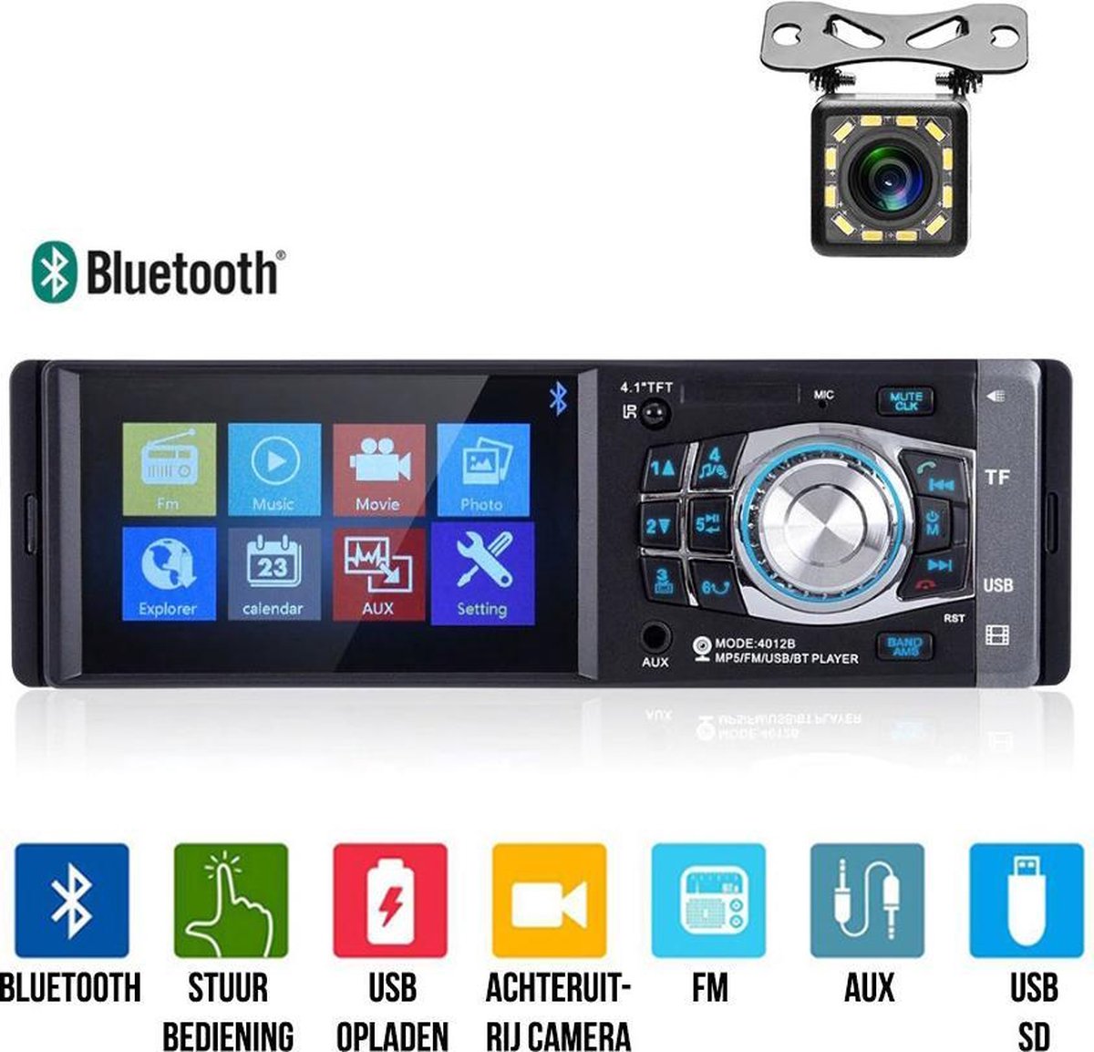 Strex Autoradio 4.1" Scherm met Stuurbediening - Bluetooth / AUX / USB - Incl. Afstandsbediening & Achteruitrijcamera - Auto Radio