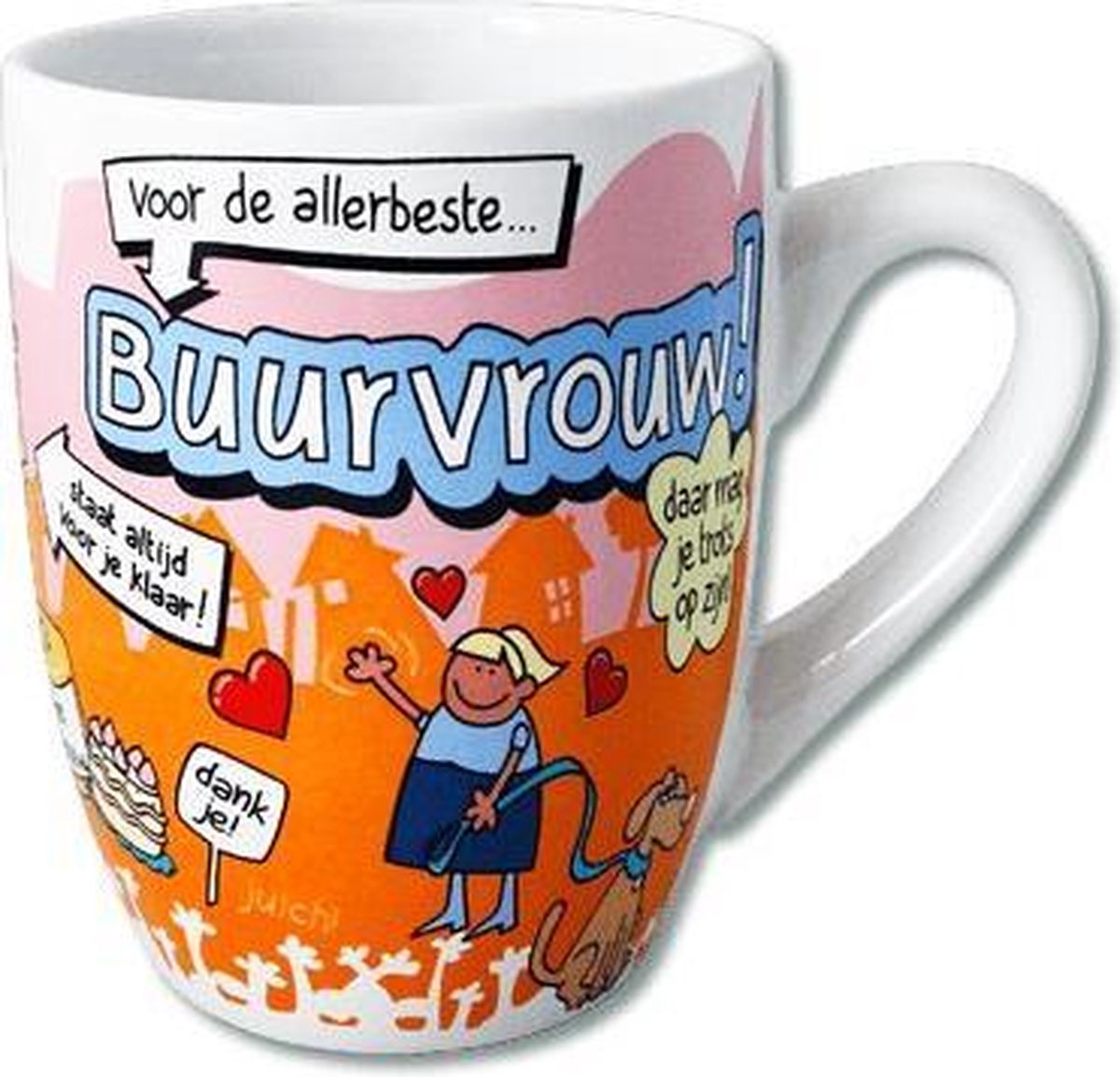 Mok - Cartoon Mok - Voor de allerbeste Buurvrouw - Gevuld met verpakte Italiaanse bonbons - In cadeauverpakking met gekleurd krullint