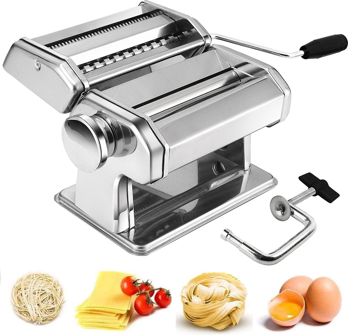 Cenocco Pastamachine Handmatige Roestvrijstalen Pasta Sheeter voor Tagliatelle / Spaghetti / Lasagne / Ravioli 8 Verstelbare Diktes Gemakkelijk te Gebruiken Wasbaar