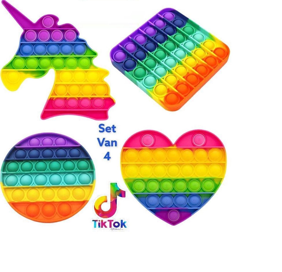 Pop it Fidget Regenboog Set 4 stuks: Unicorn - Hart - Vierkant - Rond - Rainbow - Tiktok