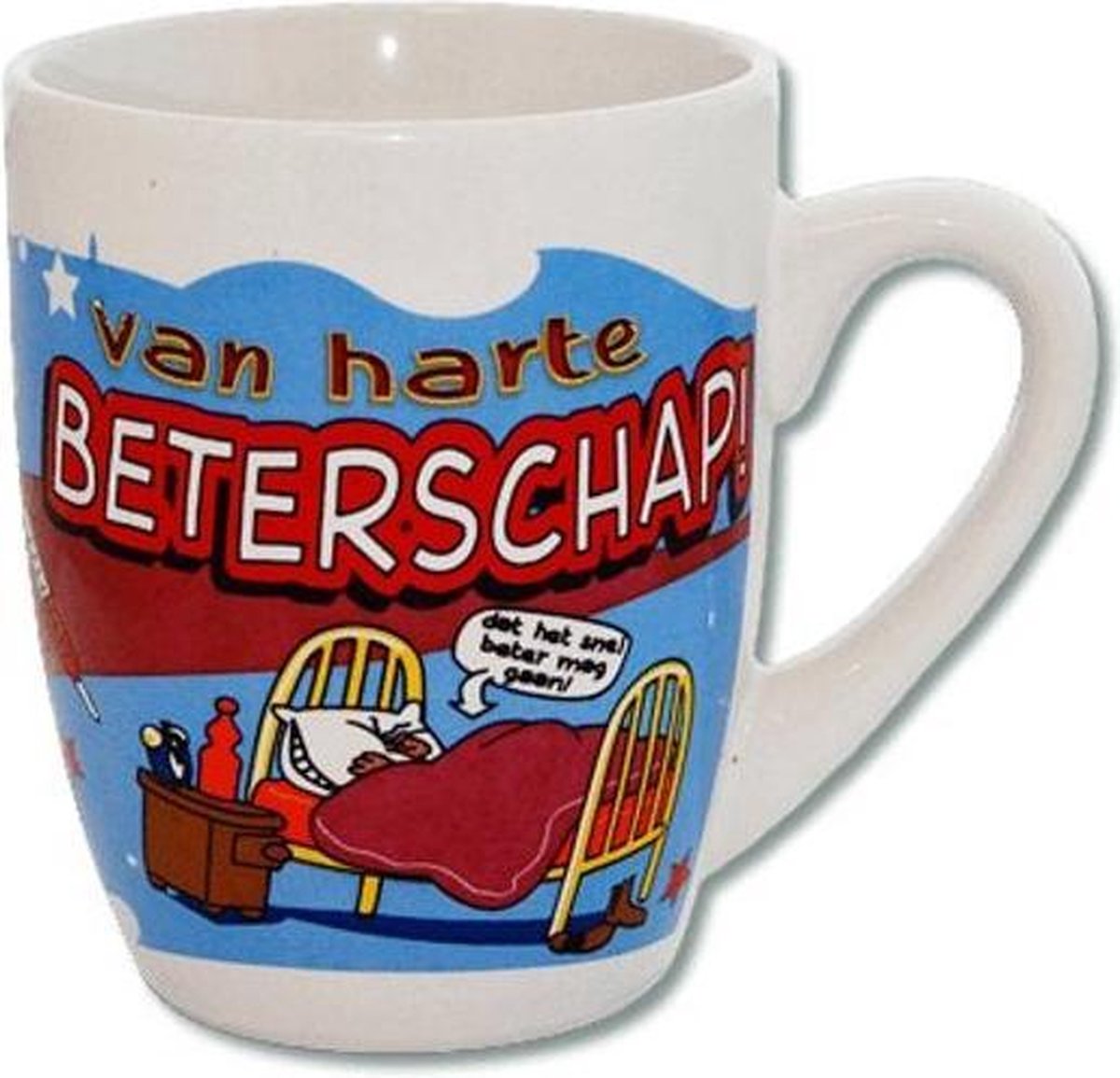Mok - Cartoon Mok - Van harte beterschap - Gevuld met verpakte Italiaanse bonbons - In cadeauverpakking met gekleurd krullint
