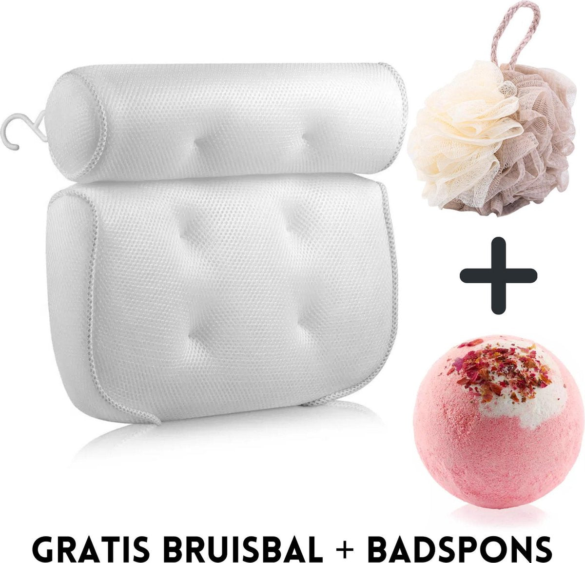 Luxe badkussen met zuignappen - anti slip - kussen voor in bad - hoofdsteun voor bad en jacuzzi -  GRATIS bruisbal en badspons