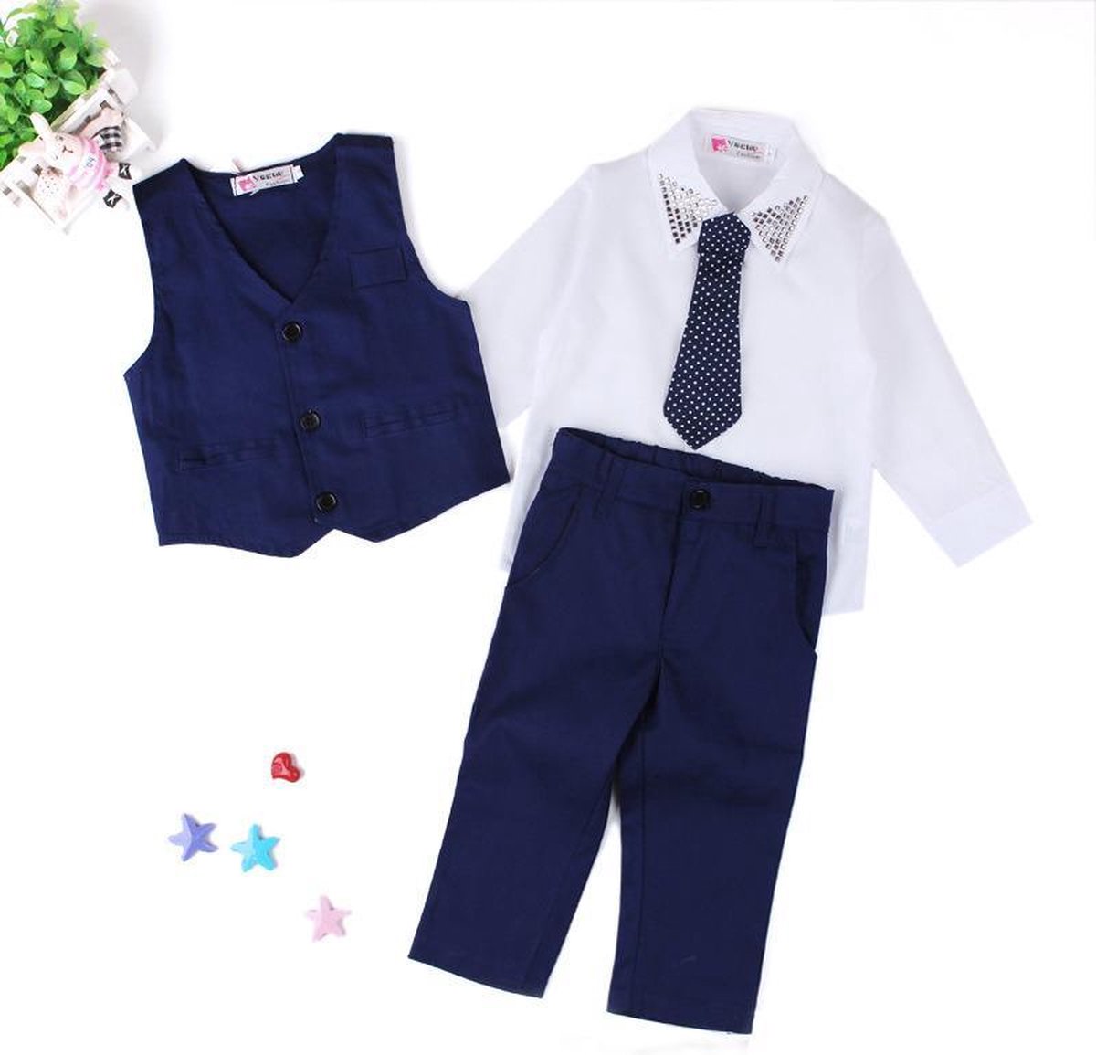 4-delig jongens feest outfit  (Maat 98) - luchtige overhemd met studs - gilet | blauwe stropdas | pantalon