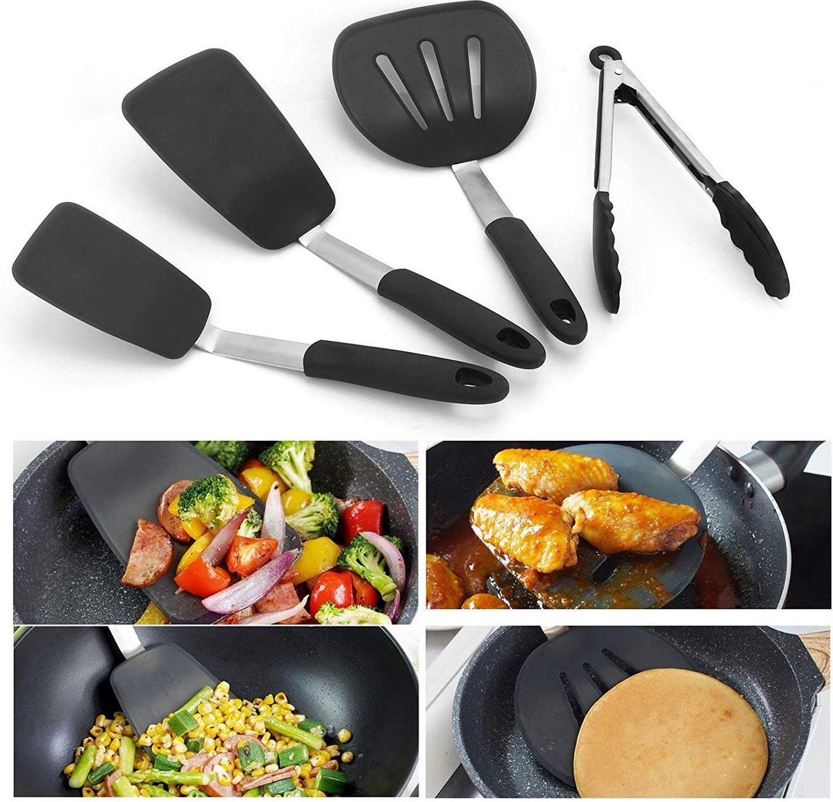 Siliconen Keukenset - 4 in 1 - 600F Hittebestendig  - Creative Scheve Kookgerei Set  - Eieren  - Pannenkoeken  - Vis  - Anti-aanbak Kookgerei