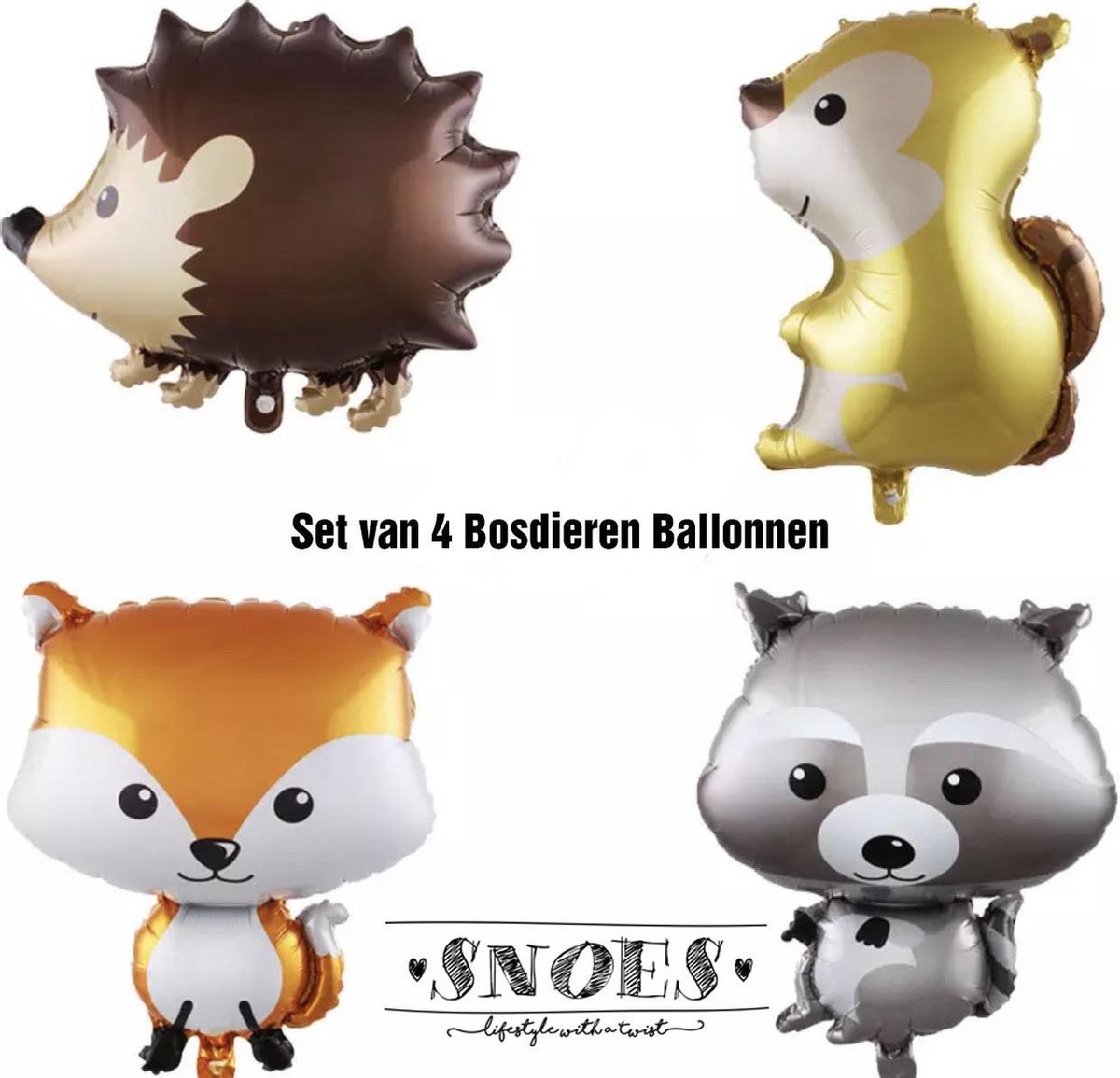 Snoes Jungle Safari Bosdieren verjaardag Set van 4 Bosdieren Helium Ballonnen Vos Wasbeer Egel en Eekhoorn Feestje Verjaardag Ballon Set Ballonnen Kinderverjaardag